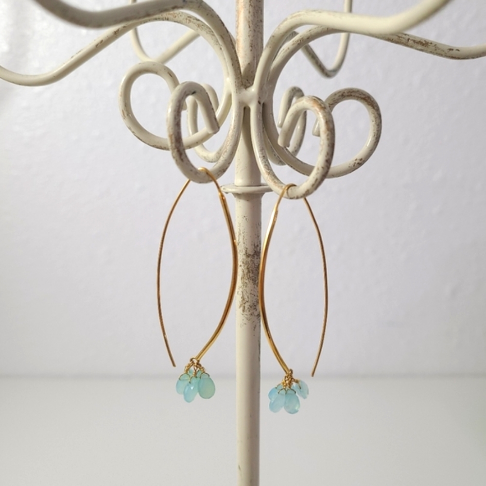 Aqua chalcedony long brass earrings